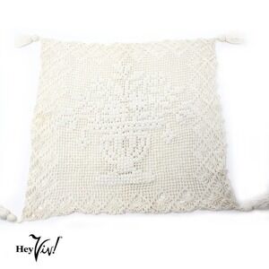 Vintage Cotton Hand Crochet Pillow Case Tassels & MOP Buttons 12x12"  - Hey Viv